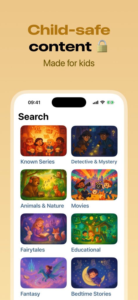 HörBär - Kids Stories - Pantalla de búsqueda de la aplicación HörBär que muestra categorías de cuentos seleccionadas para niños.