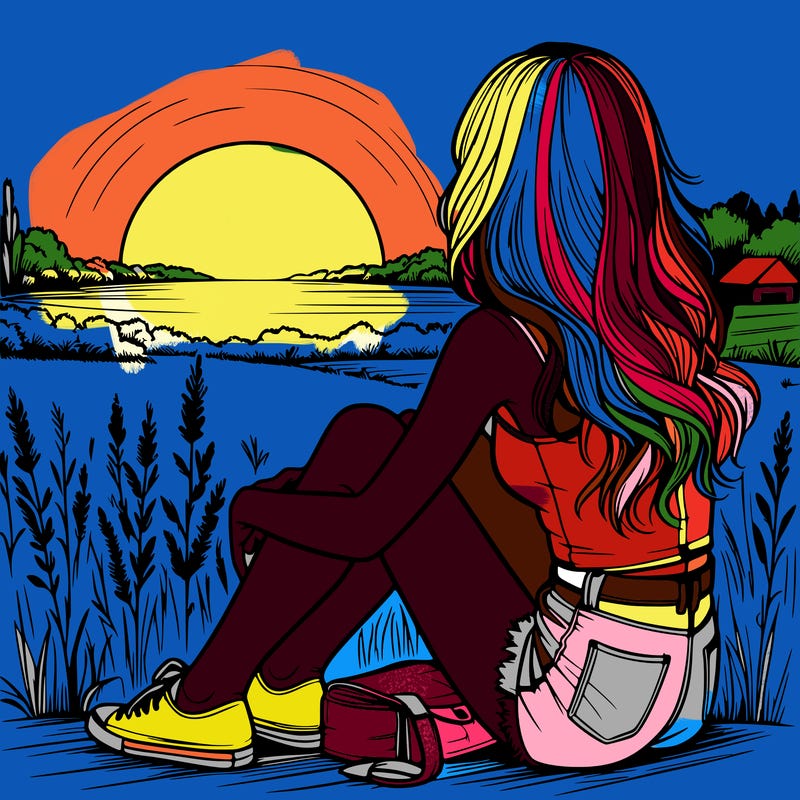 realistic girl sitting and watching the sunset