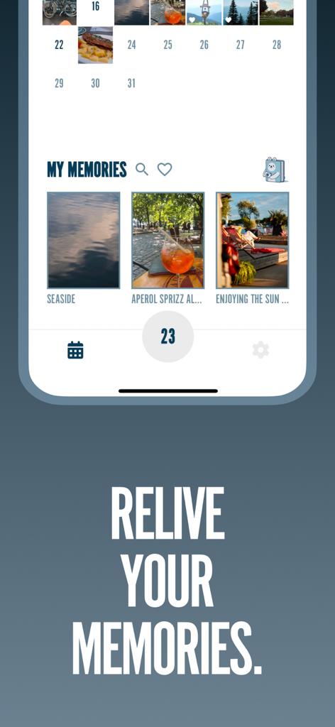 Photo Journal: Pic Diary - Photo Journal Pic Diary app interface showing a visual calendar and a collection of daily photo memories