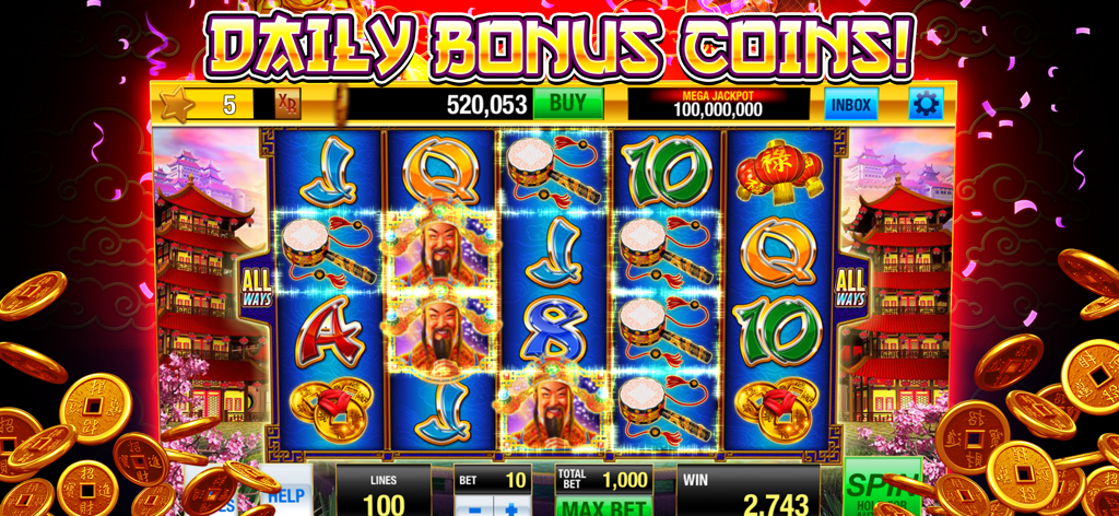 Golden Spin - Slots Casino - Gameplay di Golden Spin Slots Casino che mostra una slot machine a tema asiatico e monete bonus giornaliere
