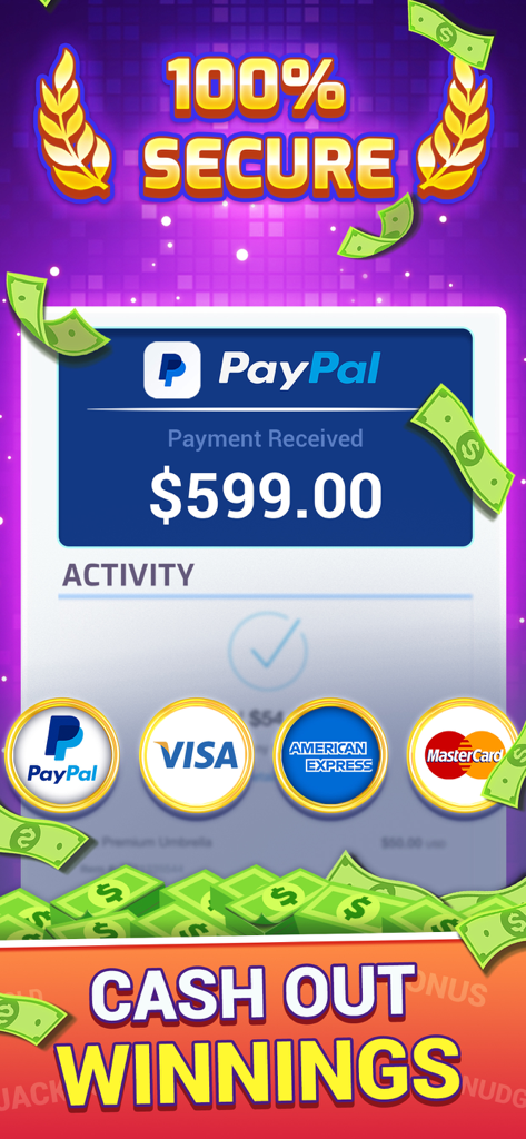 Spin Wheel: Win Real Money - Spin Wheel app withdrawal screen showing secure PayPal payment and accepted credit cards