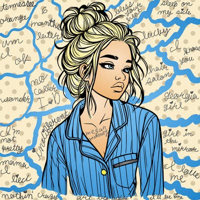 realistic woman with pajamas on and a messy bun