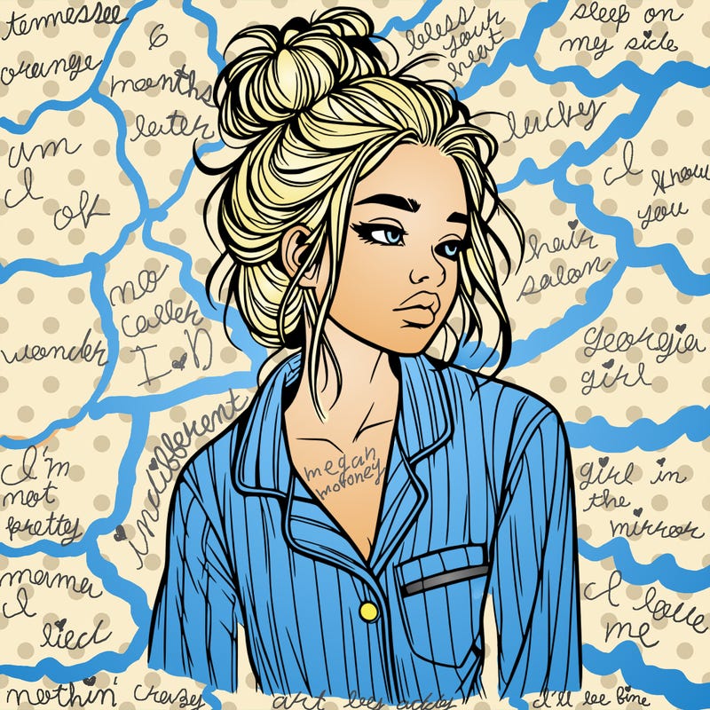 realistic woman with pajamas on and a messy bun