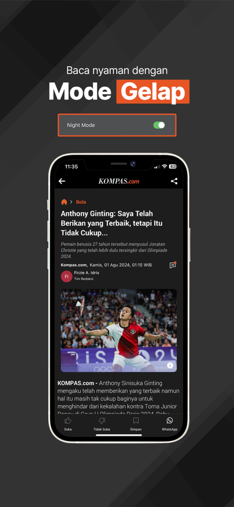 KOMPAS.com: Berita Terpercaya - Interfaz de la aplicación móvil KOMPAS.com mostrando un artículo de noticias en modo oscuro para una lectura nocturna cómoda