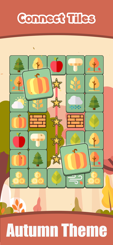Zen Match Majong Tile Explorer - Zen Match tile matching game screen showing the autumn theme with pumpkin and nature tiles