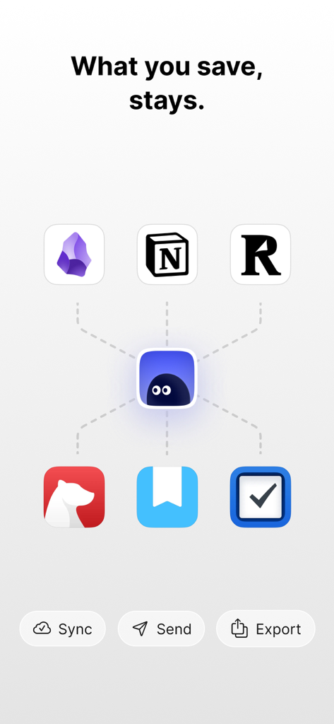 Cubox: AI Read-It-Later App - Cubox app showing integrations with productivity tools like Obsidian Notion and Readwise for seamless syncing and exporting