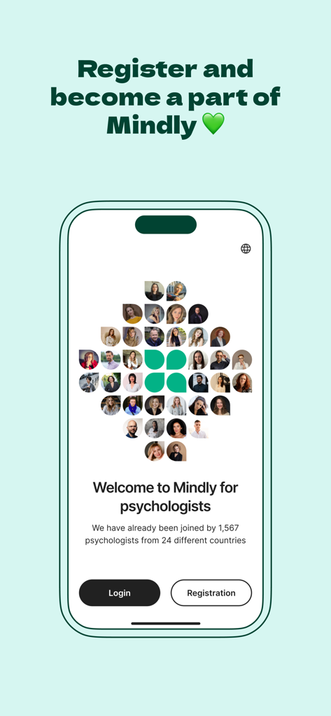 Welcome and registration screen for the Mindly Therapist app featuring a community of mental health professionals