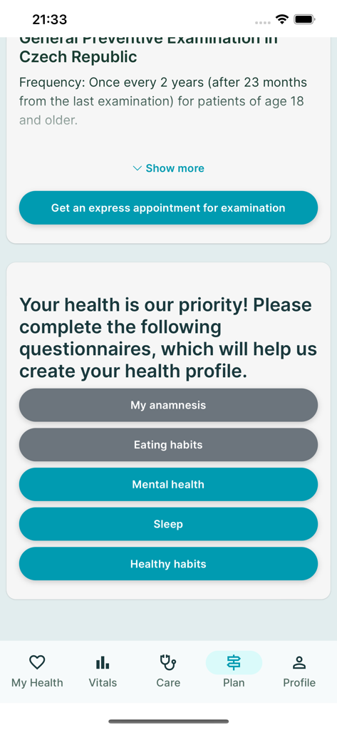 Dr. Digital - Screen of Dr. Digital app with options to complete health questionnaires and book a preventive examination