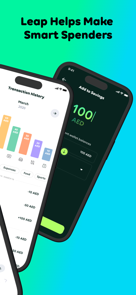 Leap - Youth Financial App - Leap youth financial app interface showing transaction history and savings goal features on mobile devices