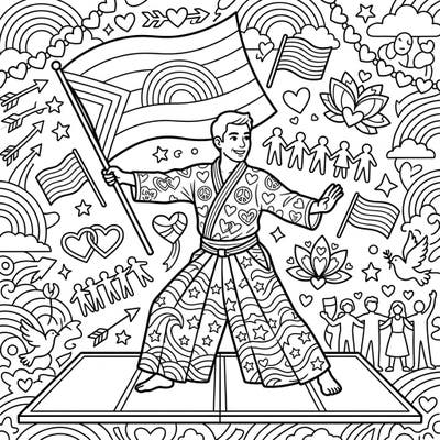 Immerse yourself in the spirit of martial arts and celebrate Pride with this unique coloring page featuring an Aikido practitioner. This intricate design blends the discipline of Aikido with symbols of love, diversity, and community, perfect for a meaningful coloring experience.