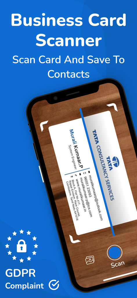 Business Card Scanner + Reader - A smartphone scanning a physical business card to save contact information digitally