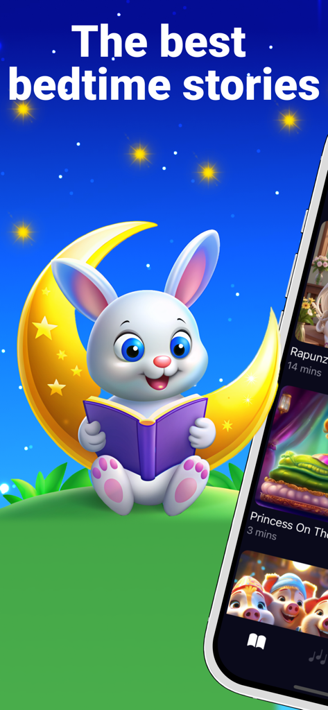 Baby Sleep Stories: Lullabies - Un simpatico coniglietto bianco che legge un libro su una luna crescente accanto a uno schermo mobile che mostra storie della buonanotte