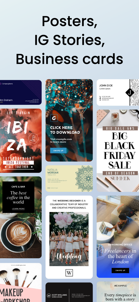 Logo Maker, Design Creator. - A collage showing various marketing design templates for posters, Instagram stories, and business cards.