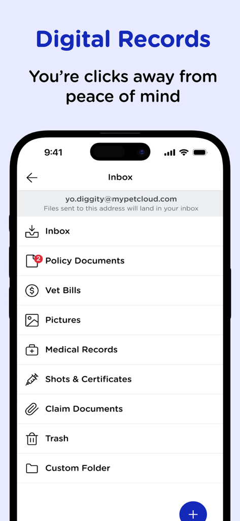 Pet Cloud - Interface of the Pet Cloud app showing digital folders for pet medical records vet bills and policy documents