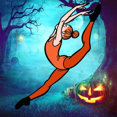 gymnast doing a leap in a leotard with a bent back leg