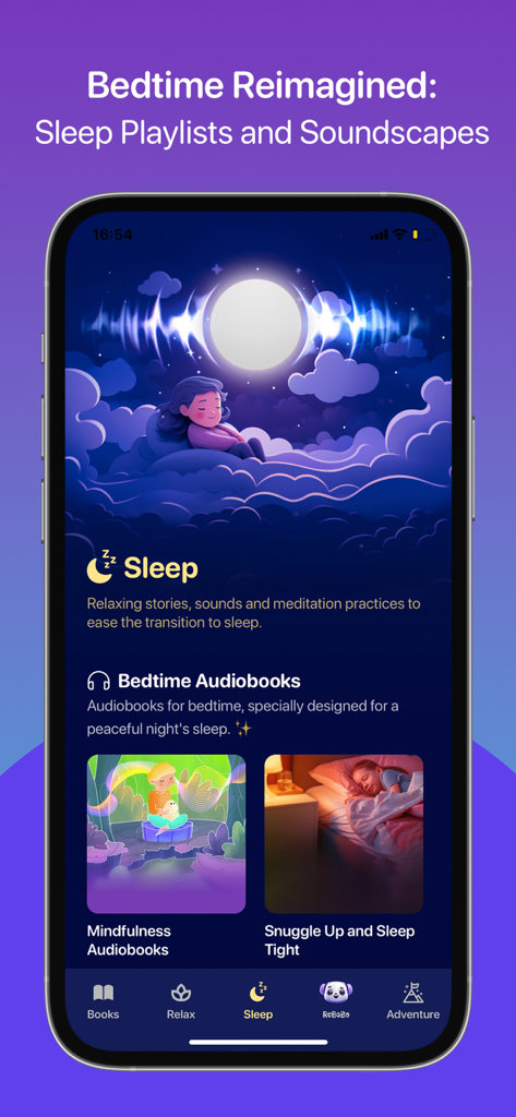 Kidly: Bedtime Books for Kids - Kidly app interface displaying bedtime sleep playlists soundscapes and mindfulness audiobooks for kids