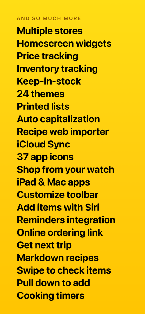 Grocery - Smart Shopping List - Una lista completa de funciones para la aplicación Grocery Smart Shopping List que se muestra sobre un fondo amarillo.