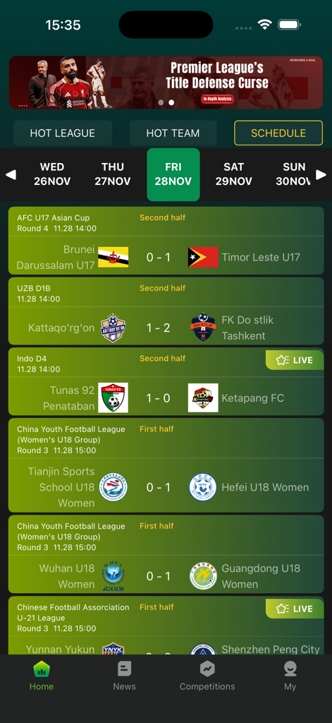 Camel Live app interface showing live scores and schedules for various football matches.