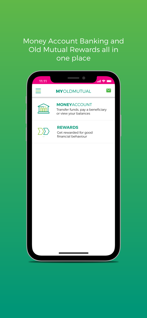 OM Money Account app home screen showing banking and rewards options on a smartphone.