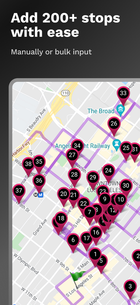 RoadWarrior Route Planner - RoadWarriorアプリのマップビュー。番号付きのピンマーカーが表示された複雑な複数ストップルートを表示。