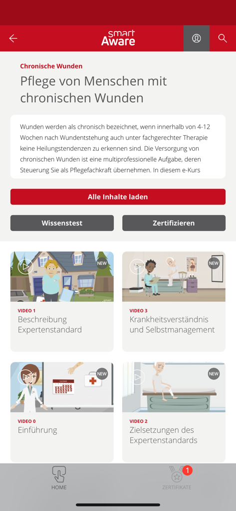 Benutzeroberfläche der smartAware-App, die ein Schulungsmodul für medizinisches Fachpersonal mit Videolektionen und Zertifizierungsoptionen zeigt
