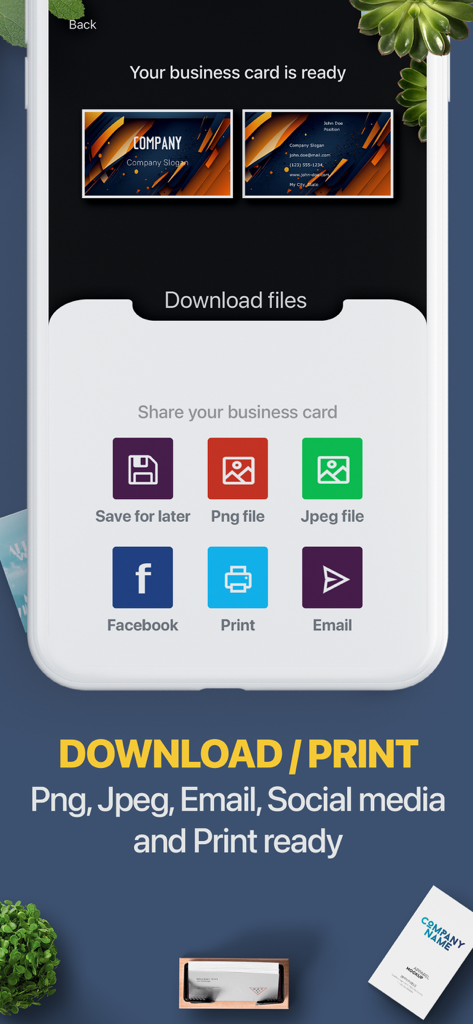 AI Business Card Maker QR - PNG、JPEG、ソーシャルメディア共有を含むデジタル名刺のダウンロードと印刷オプションを示すインターフェイス