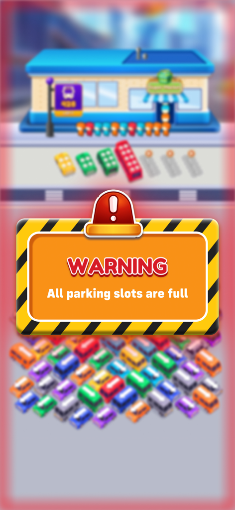 Car Escape: Traffic Jam Puzzle - Una ventana emergente de advertencia que dice que todos los espacios de estacionamiento están llenos en el juego Car Escape.
