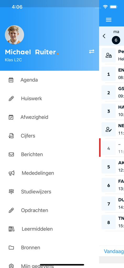 Sidebar menu of the Magister app displaying a student profile and academic categories like grades and homework.