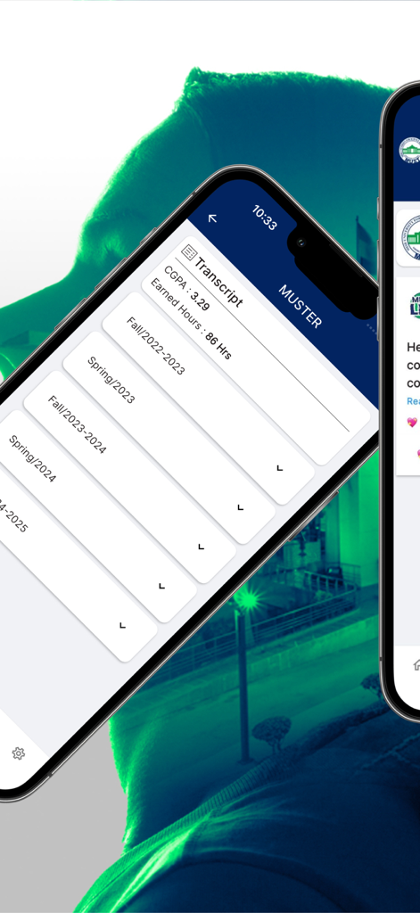 MUSTER | MUST University - MUSTER app transcript screen showing student CGPA and academic terms.
