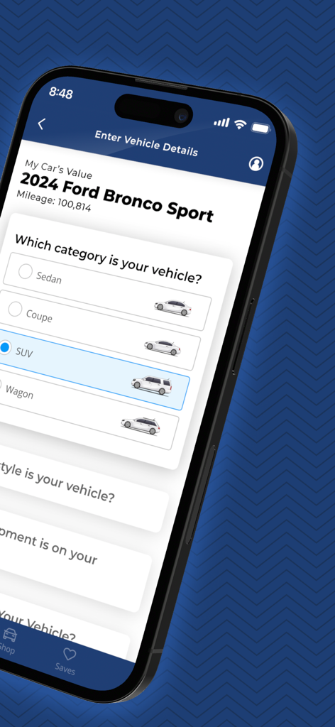 Kelley Blue Book: We Know Cars - Mobile screen of the Kelley Blue Book app showing vehicle detail entry for a 2024 Ford Bronco Sport valuation