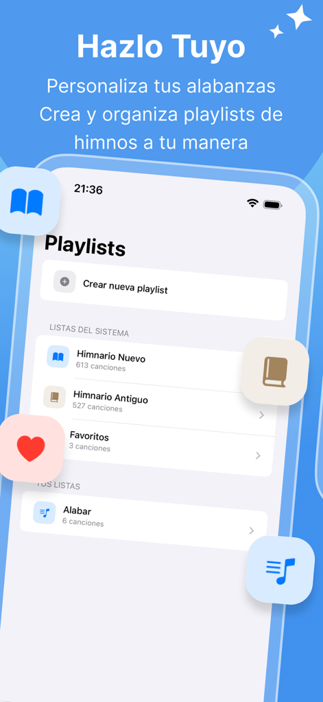 Himnario Nuevo Y Antiguo - App screen for Himnario Nuevo y Antiguo showing options to create and organize hymn playlists.