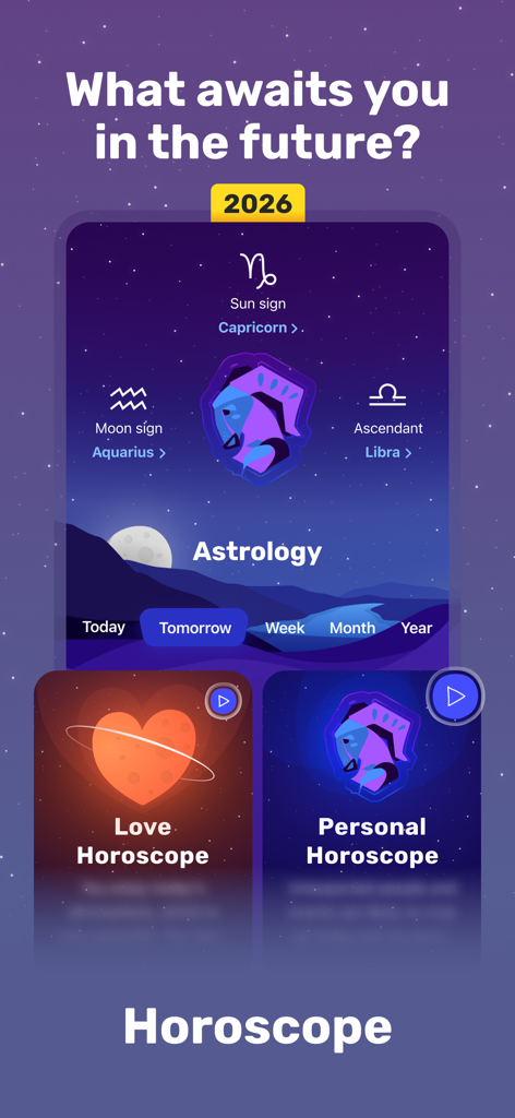 Zodiac Sign Horoscope app screen showing sun moon and ascendant signs with future predictions