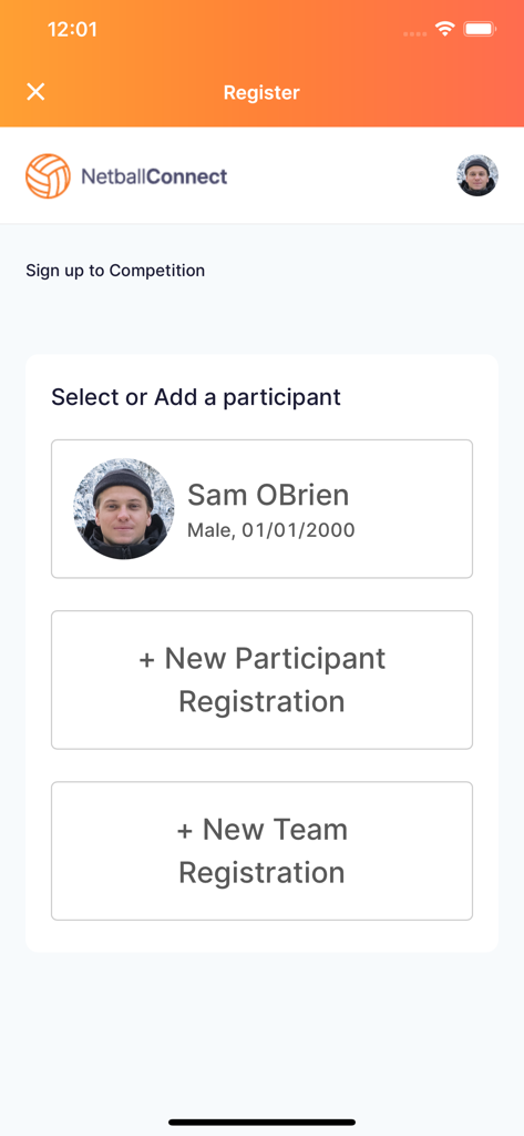 NetballConnect - NetballConnect registration screen for players and teams