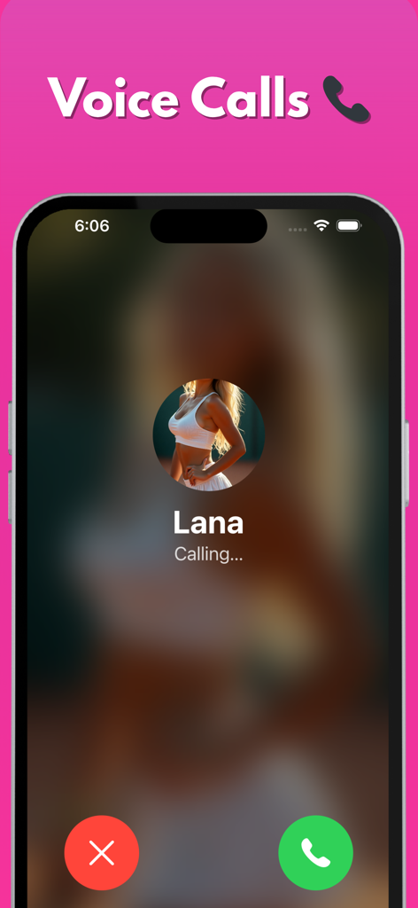 Lovia: AI Girlfriend Chat - Smartphone screen showing a voice call from an AI girlfriend named Lana in the Lovia app