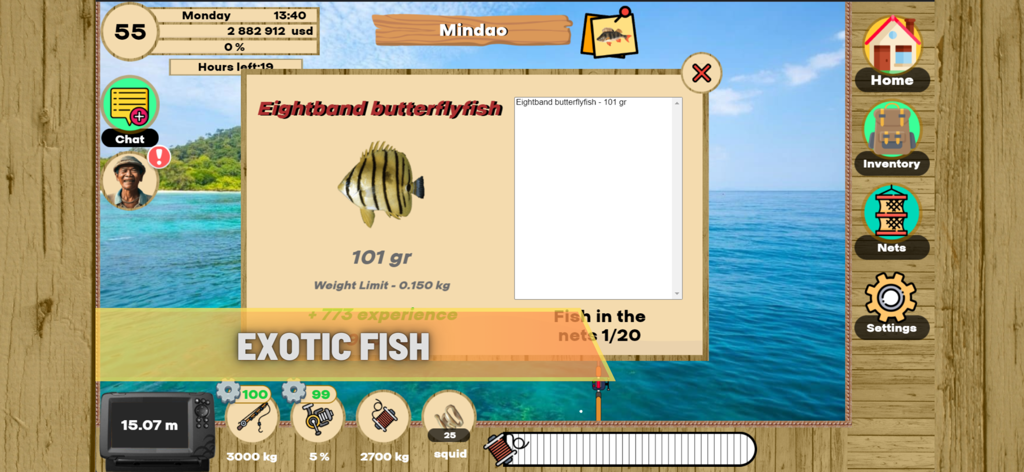 Real Fishing Simulator - A screenshot of an Eightband butterflyfish caught in the Real Fishing Simulator mobile game showing fish weight and game statistics.