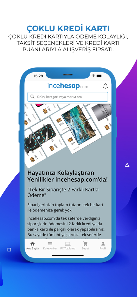 incehesap mobile app screen showing the option to pay with two different credit cards for a single order