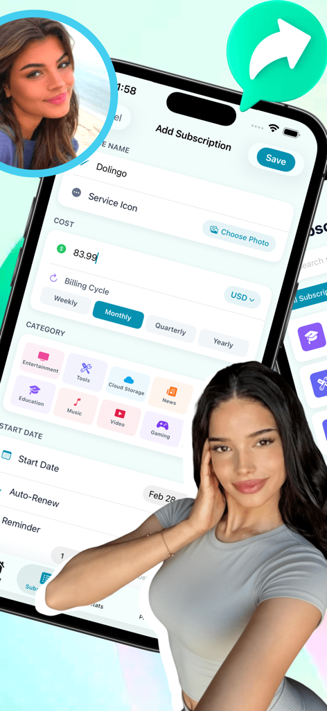 Crado - Screenshot of the Crado app showing the form to add a new subscription with cost and category details