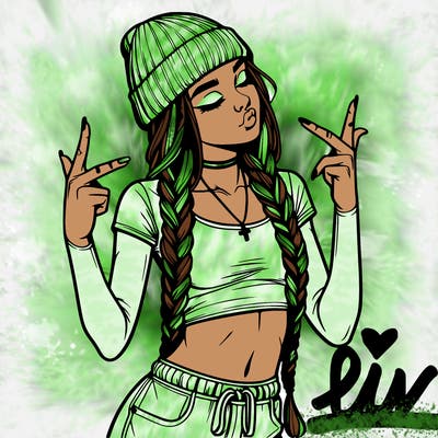 realistic teenage girl with braids and a beanie and crop top doing 🫶🏼