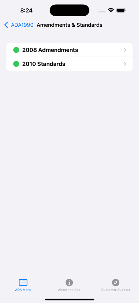 Americans w/ Disabilities Act - Una schermata dell'app ADA che mostra collegamenti alle modifiche del 2008 e agli standard del 2010.