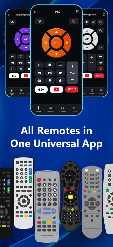 Universal TV remote app interface replacing multiple physical remotes on a smartphone