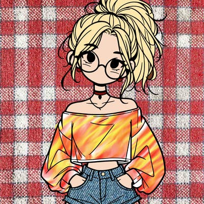 girl with a messy ponytail glasses a baggy crop top and jean shorts