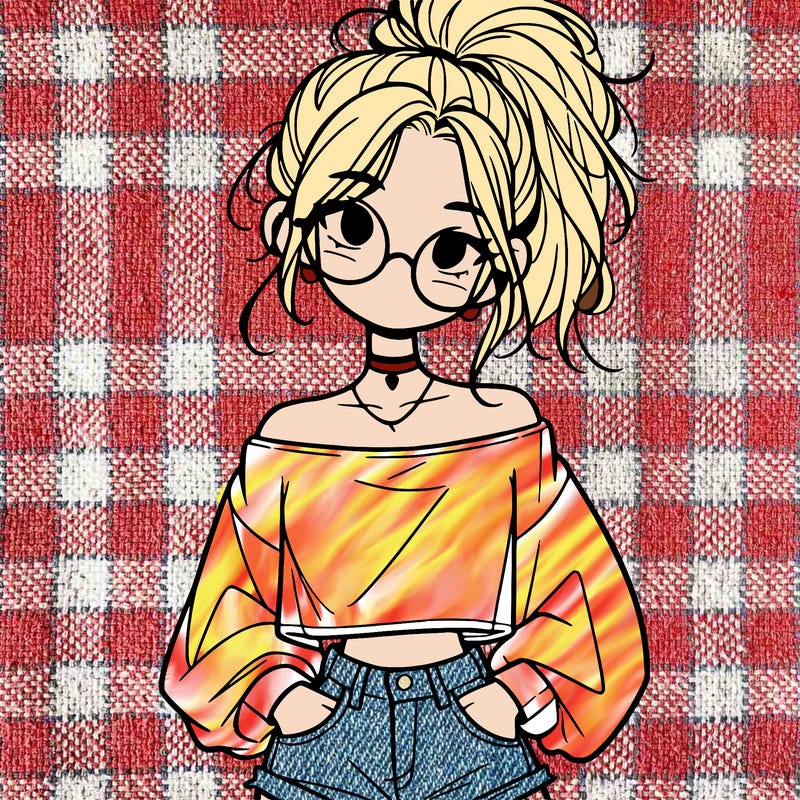 girl with a messy ponytail glasses a baggy crop top and jean shorts