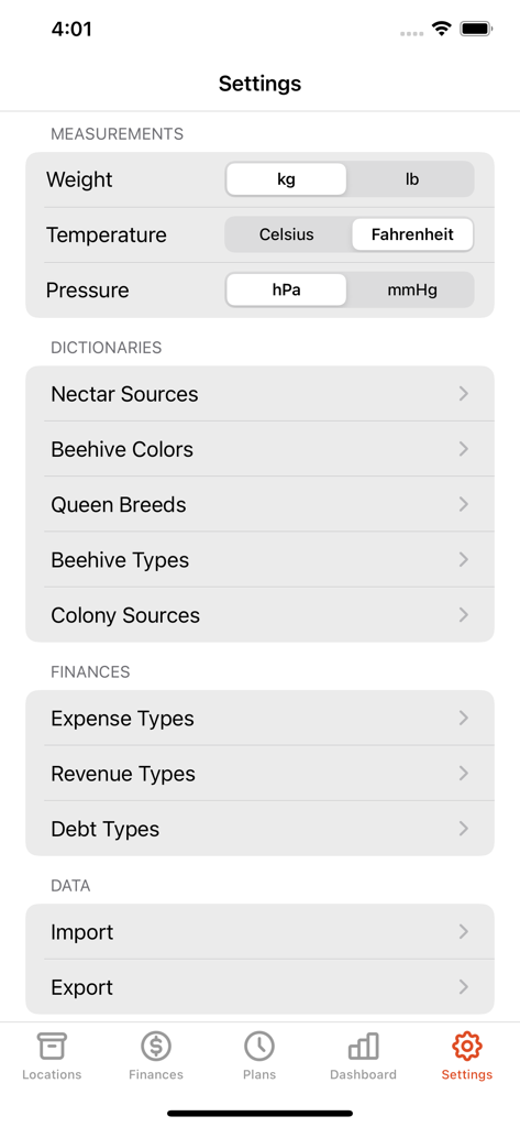 Settings screen of the Apiarist app showing measurement units and beekeeping dictionaries.