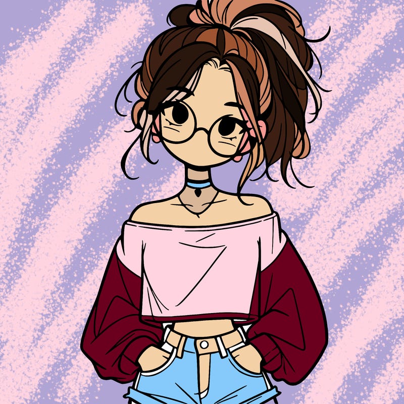 girl with a messy ponytail glasses a baggy crop top and jean shorts