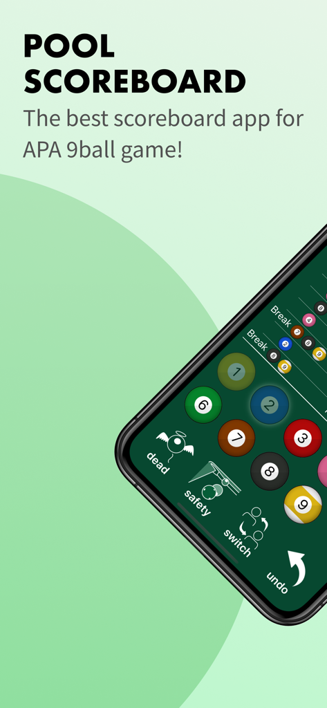 Interface of the Pool Scoreboard for 9BALL app showing scoring buttons for APA pool matches.