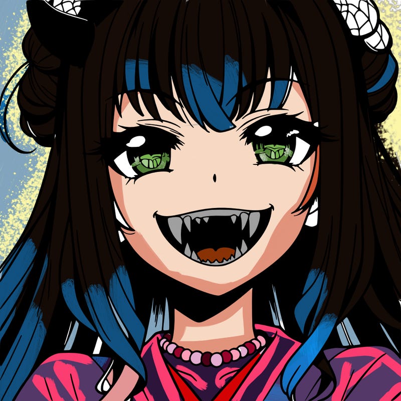 anime girl, vampire teeth,demon slayer themed, evil smile