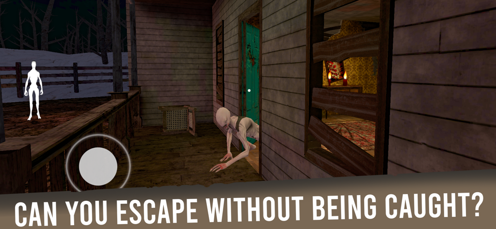 The curse of Emily:Horror Game - A terrifying monster crawls on a porch in The Curse of Emily Horror Game with the text Can you escape without being caught
