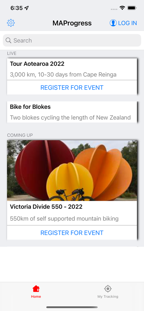 MAProgress app home screen displaying live and upcoming long distance cycling and trekking events with registration options