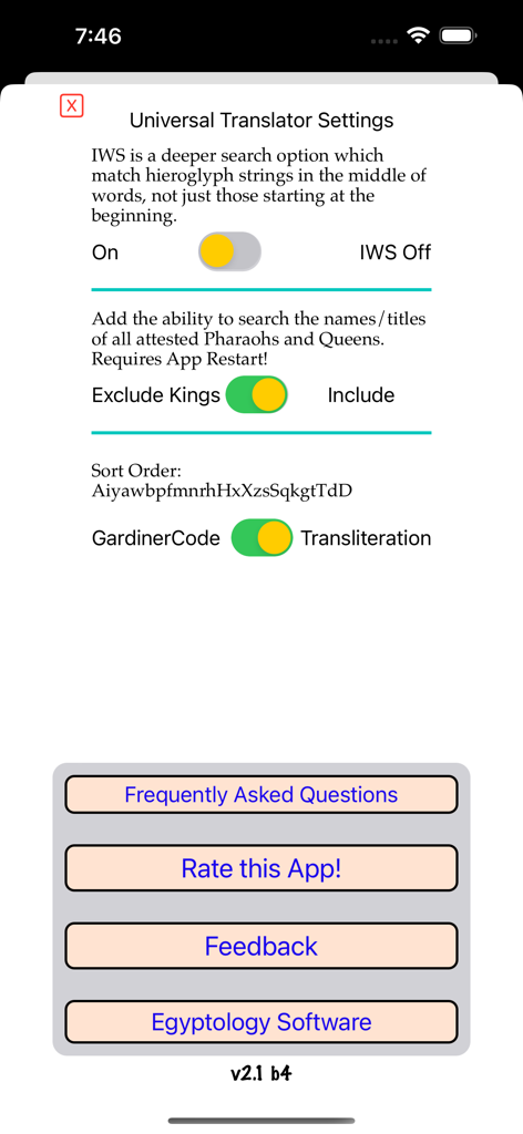 UniversalHieroglyphTranslator - Pantalla de configuración de la aplicación Universal Hieroglyph Translator mostrando filtros de búsqueda y opciones de ordenación para datos de Egiptología.