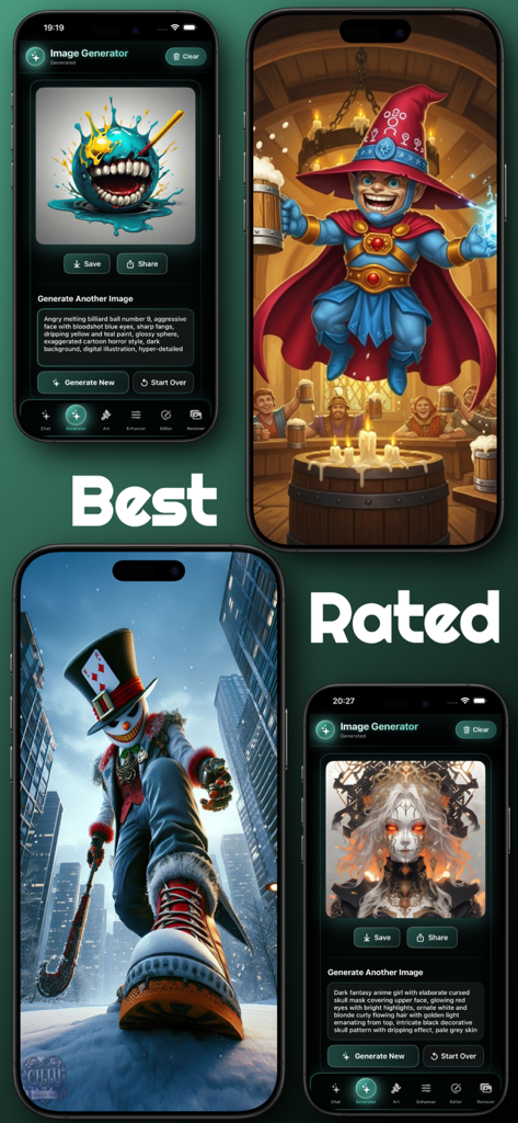 Interfaz de la aplicación móvil Lmarena AI Art Generator mostrando varias imágenes creadas por IA, incluyendo un mago y un muñeco de nieve.